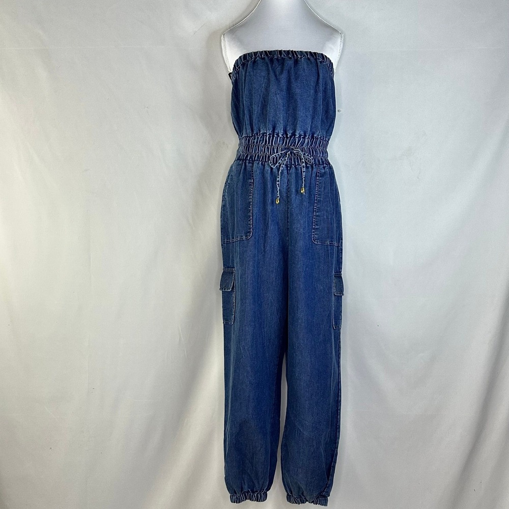 Indulge In Style Women Large Strapless Denim Jumpsuit‎ Blue Cargo Boho Y2K NWT